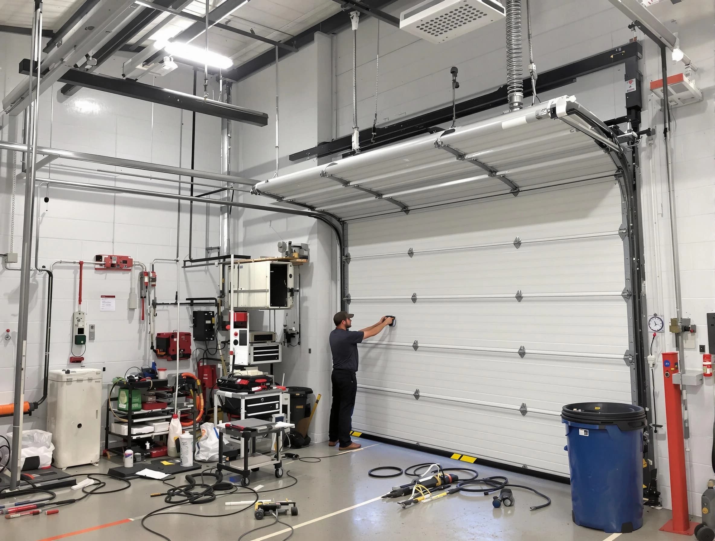 Candler-McAfee Garage Door Repair certified technician performing commercial door repair at a Candler-McAfee business facility