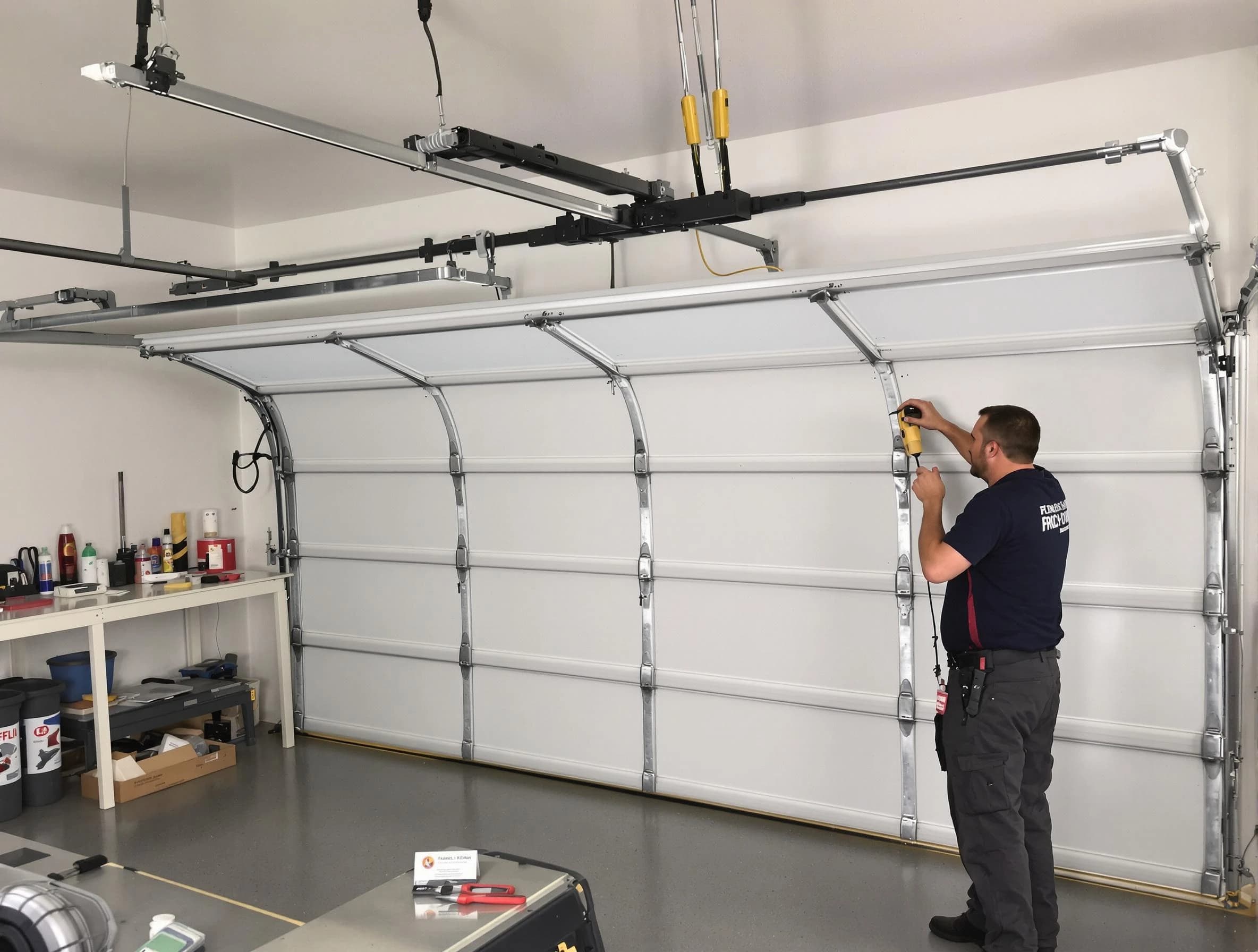 Candler-McAfee Garage Door Repair certified technician performing overhead door system repair in Candler-McAfee