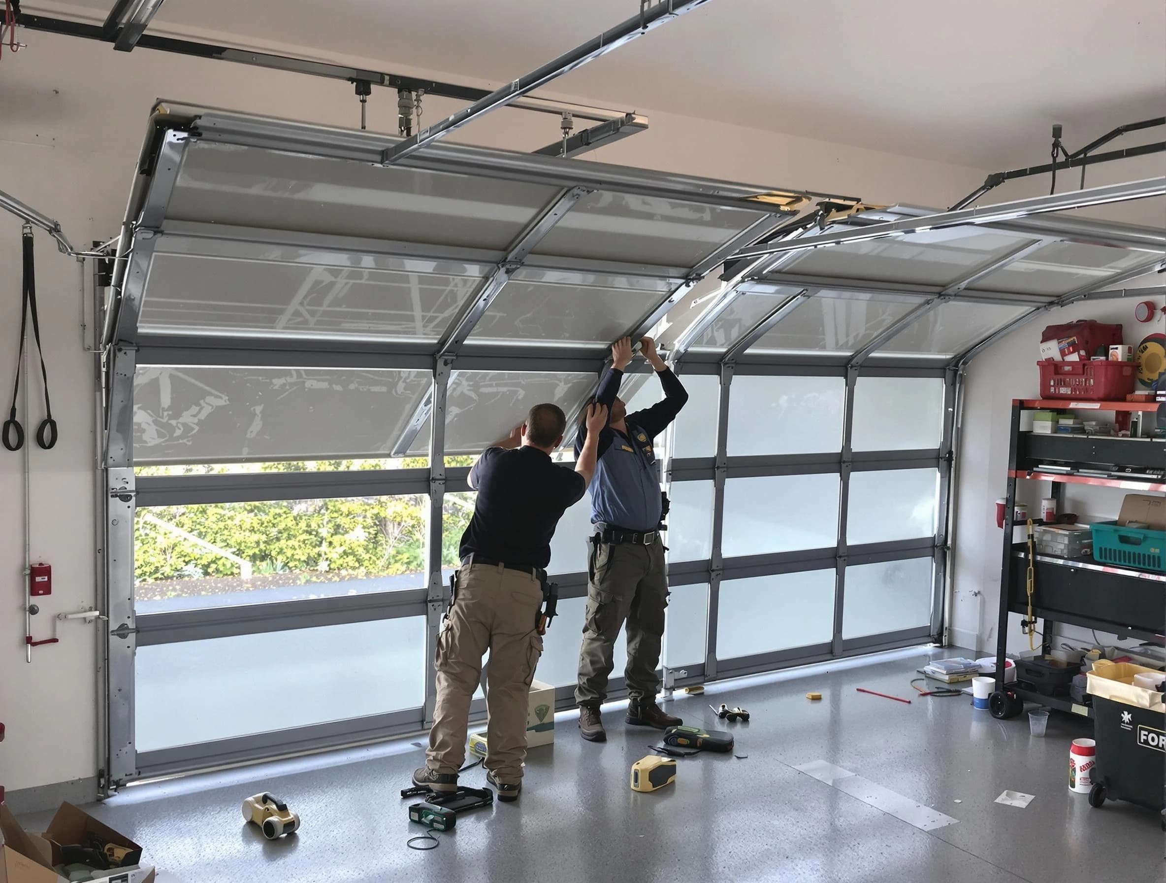 Candler-McAfee Garage Door Repair expert performing precise panel replacement on Candler-McAfee garage door