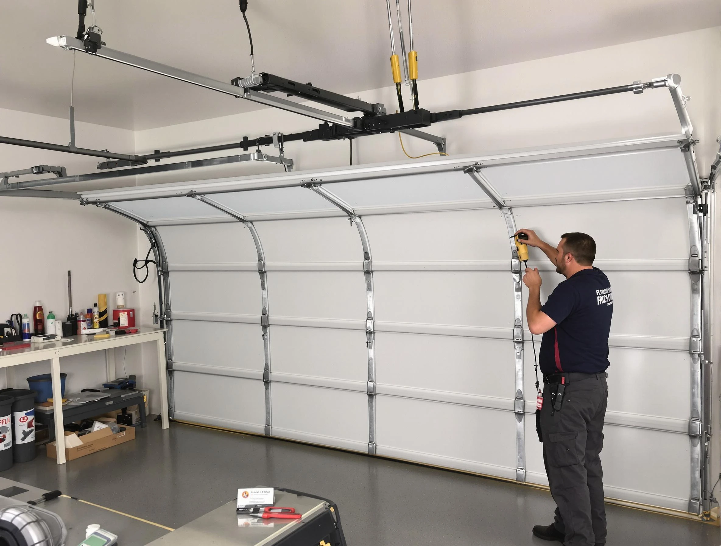 Candler-McAfee Garage Door Repair certified technician performing overhead door system repair in Candler-McAfee